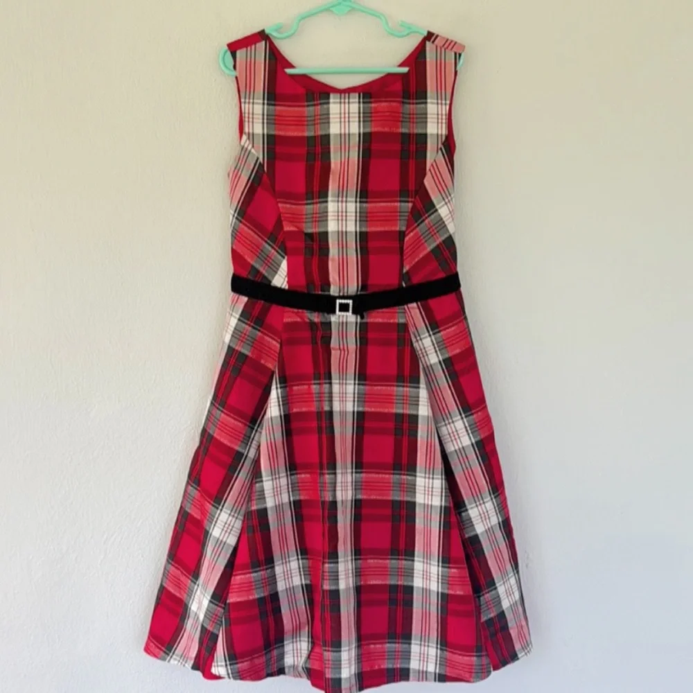 Jona Michelle red black plaid bow belt sleeveless Christmas holiday dress size 8